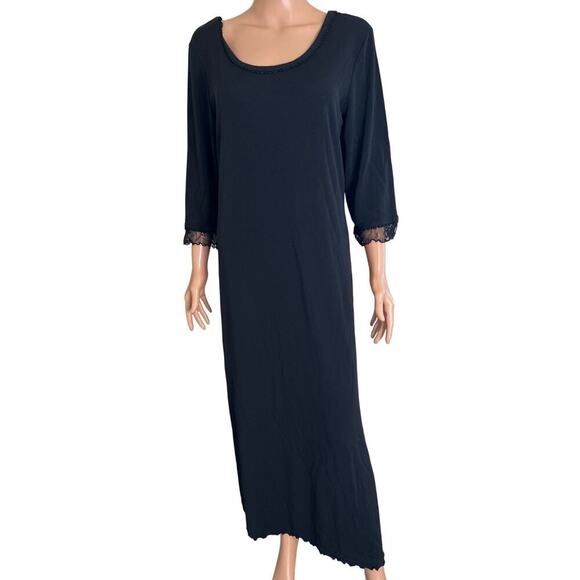 J. Jill maxi dress black slinky 3/4 sleeve lettuce trim lace arms stretch SZ LG - Picture 3 of 9